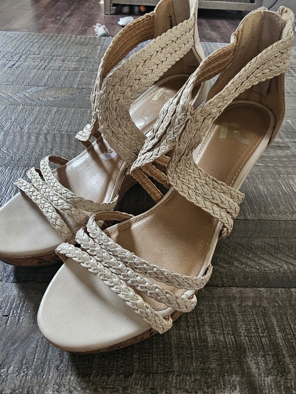 Women's Braided Strappy Cork Wedge Sandals Ankle Zip Platform Neutral Tan 8.5W